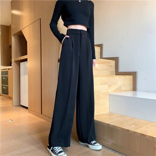 巧除黑色西装裤女春秋薄款韩版高腰垂感显瘦直筒宽松阔腿拖地休闲长裤 1047#【黑色一纽扣款】 L 【建议108-120斤】