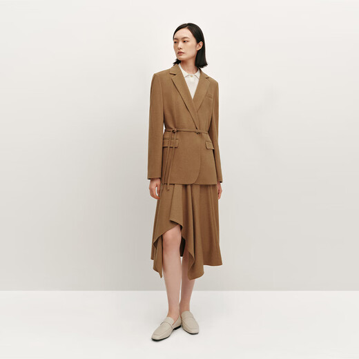 OVV Autumn and Winter Hot Sale Women's Flat Lapel Knitted Wool Casual Suit Jacket with Belt Caramel Brown XL