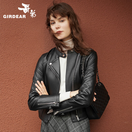 Gedi Women's New Sheepskin Stand Collar Motorcycle Zipper Jacket Leather Jacket Women A400357 Black M (3 Codes)