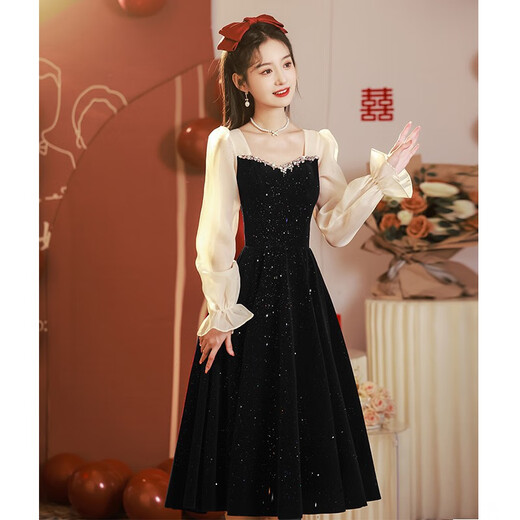SAIDELE black evening dress for women, can wear French dress for banquet, light luxury, high-end Hepburn style adult dress, black XL (recommended 116-125 Jin Jin equals 0.5 kg)