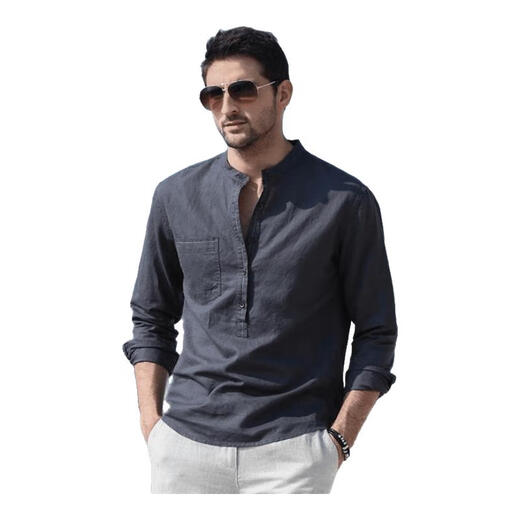 Cangishi Kazuki Cangishi Kazuki light luxury trendy brand high-end cotton and linen Henry collar shirt men's long-sleeved T-shirt 2025 spring and autumn new stand collar dark gray XL