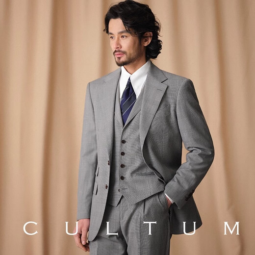 CULTUM high-count double-ply worsted wool half-linen lining English Prince's check suit suit men's business professional suit three-piece suit Prince's check white single suit M (52A)