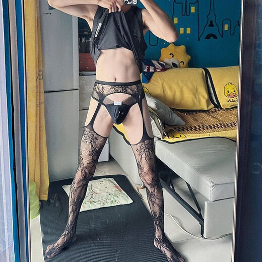 大码男士成人情趣连裤袜性感镂空免脱激情gay渔网袜透明黑色丝袜男士专用诱惑房事丁字裤三点式露乳情趣 7521