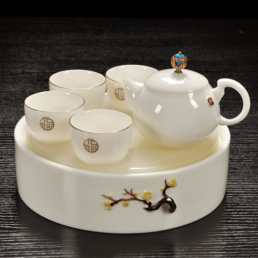 Greek-style mutton-fat jade porcelain Kung Fu tea set for home use Tangyue kiln Dehua white jade porcelain tea set office cover bowl tea cup small tea tray set jade tea table dry infusion tray gift box Horseshoe jade porcelain 7 pieces (gift box)