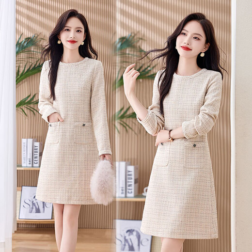 Pierre Cardin 2024 new autumn and winter style, elegant and slim, small fragrant mid-length dress for women, fashionable inner skirt, rice plaid M (80-105Jin Jin is equal to 0.5kg)