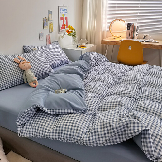 Playboy (PLAYBOY) four-piece bed skin-friendly summer ins Nordic style bed sheet quilt cover soft and comfortable single student dormitory bedding blue small grid 1.8m bed sheet style four-piece set (200*230cm quilt cover)