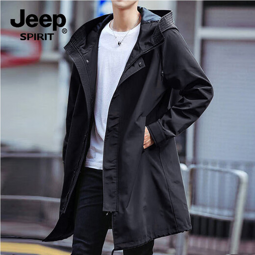JEEP SPIRIT Jeep Windbreaker Men's Mid-Length British Style Korean Style Trendy Spring and Autumn Thin Jacket Men's Casual Coat Black Regular L 125-140Jin Jin is equal to 0.5 kg