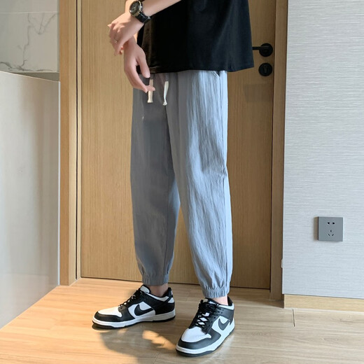 都美姿休闲裤男夏季系带松紧腰百搭运动弹力哈伦裤宽松束脚小脚九分裤男 黑色-百搭 XL