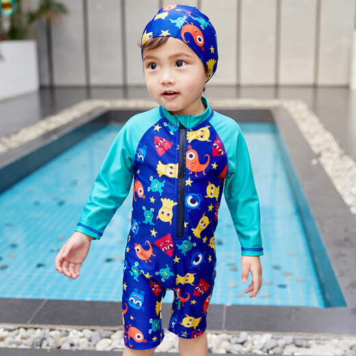 e.Yilang Boys Swimsuit Swimming Cap Surfing Suit Swimming Pants Children's Cartoon One-piece Swimsuit Long Sleeve Baby Monster Swimsuit Light Blue Striped Fish + Swimming Cap 8 Sizes 105-120cm Height