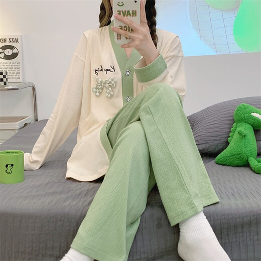 OULUXI solid color wrinkled cloth cotton confinement clothes spring and autumn pregnant women pajamas in summer breathable sweat-absorbing and postpartum breastfeeding clothes AXXE724 concentric knot L code (recommended 90-115 Jin [Jin equals 0.5 kg])