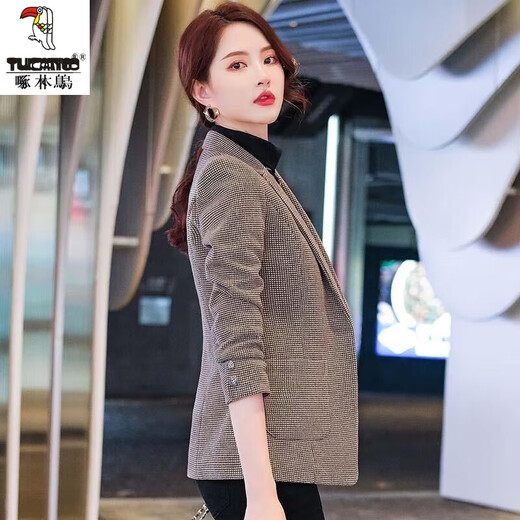 Woodpecker high-end plaid suit jacket for women 23 autumn and winter new women's houndstooth woolen suit high-end small suit coffee plaid L recommendation 105-115