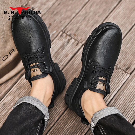 Bull Family Men's Shoes 2025 Spring New Retro Leather Shoes Men's Business Casual Shoes Men's British Soft Sole Low-top Martin Boots Black Four Seasons Single Shoes GN123101753 40 (Sports Shoe Code)