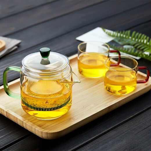 Quandu glass teapot, heat-resistant glass teapot with filter liner, colorful flower teapot, teapot, teapot, thickened yellow handle magic pot