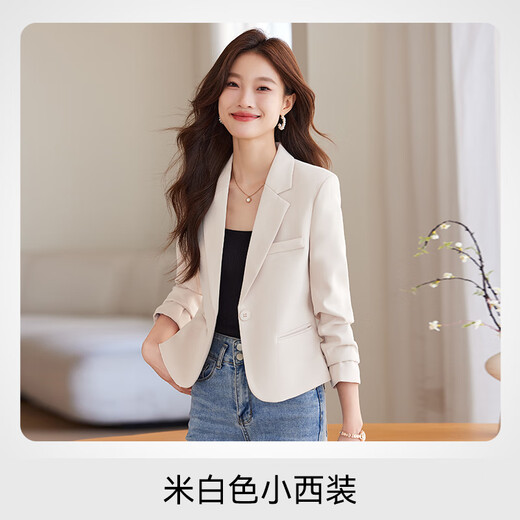 Jian Ting Spring and Autumn Fashion New Off-White Small Suit Jacket Women's Korean Slim Short Casual Small Suit Top Single Off-White Suit L