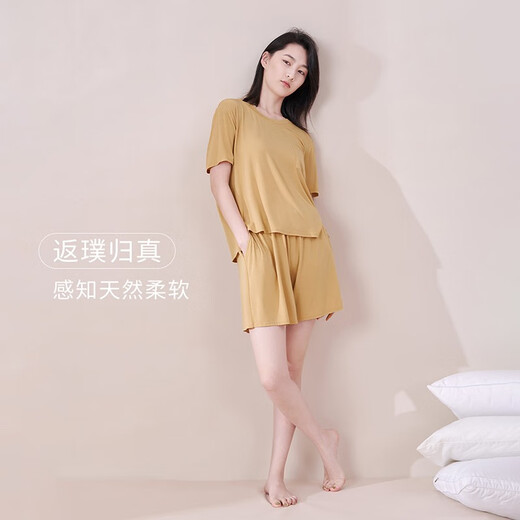觅丝（Agentmuse）觅丝裸感睡衣男莫代尔睡衣可外穿女家居服圆领短袖短裤套装653 鹅黄色+乌木色（男款） M
