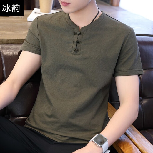 Bingyun short-sleeved T-shirt men's 2021 spring and summer v-neck new Chinese style cotton and linen Korean version slim half-sleeved bottoming shirt casual T-shirt men's top T-shirt 9810 military green XL (recommended about 120-135Jin [Jin equals 0.5 kg]