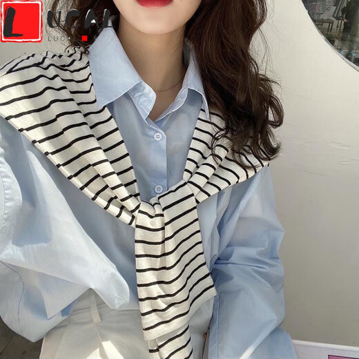 LUCALY搭肩小披肩网红同款披肩小搭肩打结围巾披肩针织女百搭护颈小披肩围脖潮 宽条纹白底