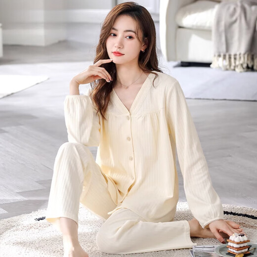 莫代尔睡衣女春秋款纯棉长袖2025年新款开衫秋款薄款大码秋冬妈妈家居服 9276 L (建议穿着体重100-120斤)