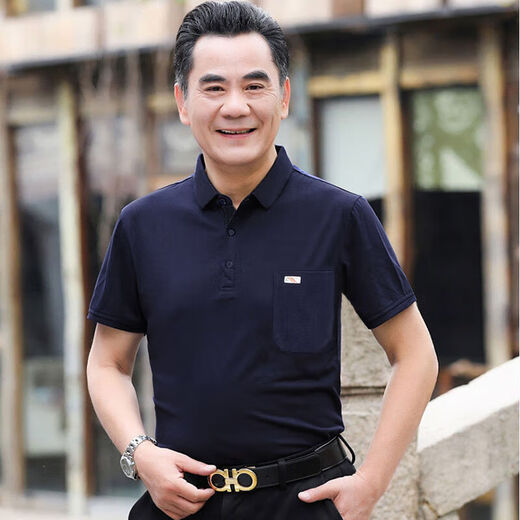 贝吉棋新疆棉夏季短袖t恤棉的男士宽松中老年人翻领带口袋爸爸装大红色 反(领)701藏青色 56#【165-200斤】
