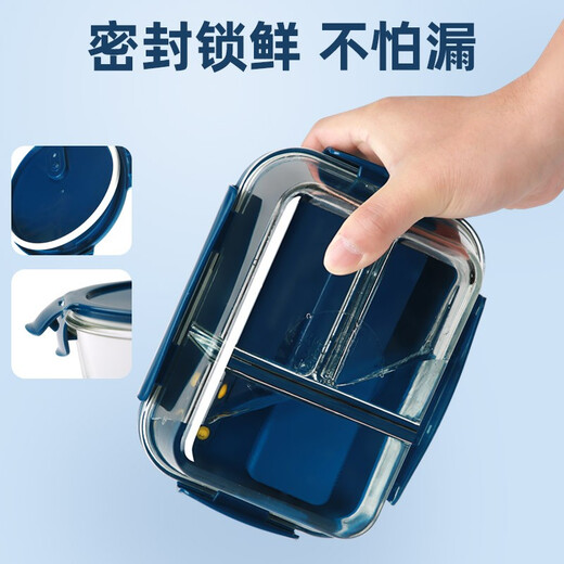 创得 耐热玻璃保鲜盒 微波炉专用饭盒上班族学生带饭密封碗分隔便当盒 粉三隔1050+700汤碗+480包餐具