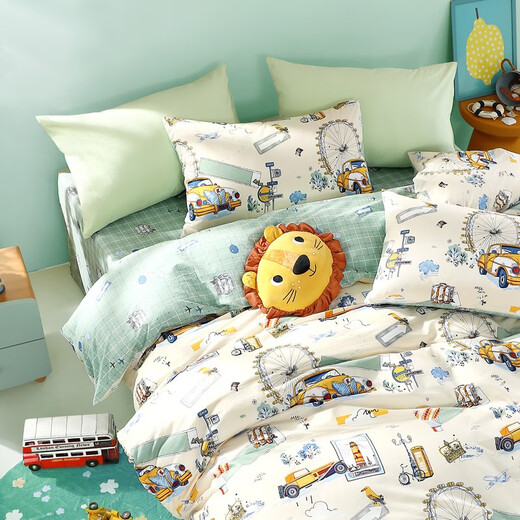 FUANNA Children's Home Textiles Children's Bed Four-piece Pure Cotton Boy Cartoon Set Dormitory Student Cotton Quilt Cover Sheet Class A 40 Count Cotton Recommended by the Manager Holiday 40 Count 1.2 Meter Sheet Style Quilt Cover 152*210cm Three-piece Set