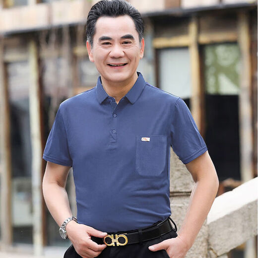 贝吉棋新疆棉夏季短袖t恤棉的男士宽松中老年人翻领带口袋爸爸装大红色 反(领)701藏青色 56#【165-200斤】