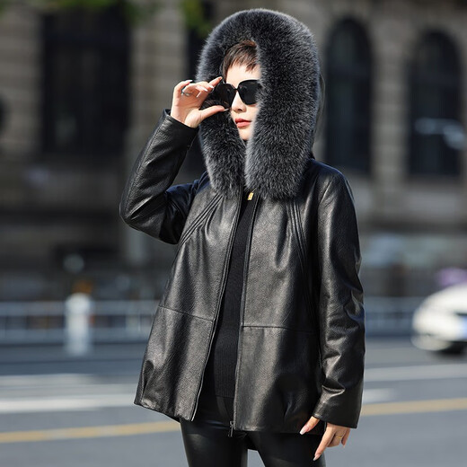 Zhe Shifan Removable Genuine Leather Down Jacket Women's Medium Long Jacket Haining Sheep Leather Jacket Fox Fur Collar Fur 2025 Winter New Black 2XL 135Jin Jin equals 0.5kg --145Jin Jin equals 0.5kg