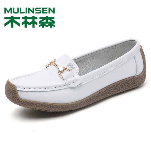 Mulinsen echte Lederbohnenschuhe für Frauen im Frühling neuer flacher Sohle atmungsaktives weicher Einzelschuhe bequeme Mutterschuhe ausgehöhlten atmungsaktiven Frauenschuhen 828 Beige Hollow 37