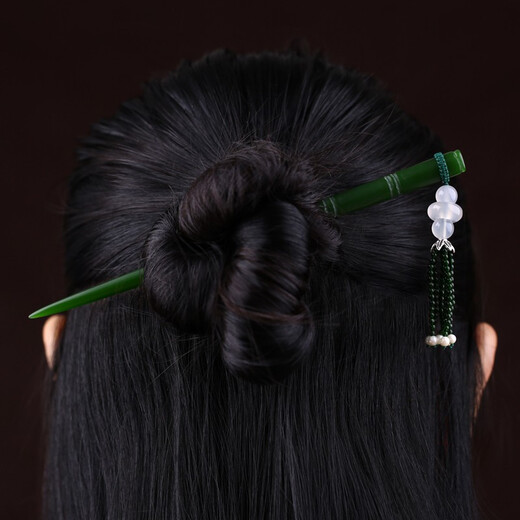Fu Tiaoer's original hand-designed bamboo turquoise jade green sandstone tassel hairpin for women in ancient style Hanfu walking hairpin gift 1