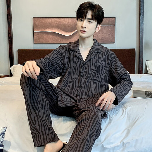 
Modal men's pajamas pure cotton long-sleeved spring and autumn cardigan men's cotton teenager large size can be worn outside home clothing suit B12202 L men