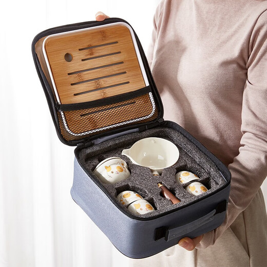 Qingbilin QBILY Lucky Cat Kung Fu Tea Set Xiaoyao Pot Travel Tea Set Home Outdoor Portable Camping Quick Cup 5 pieces Lucky Cat One Pot Four Cups Travel Bag