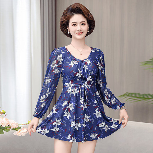 佑游泳衣女2025新款保守遮肚妈妈泳装中老年显瘦大码分体泡温泉游泳衣 14099Y黑色 2XL