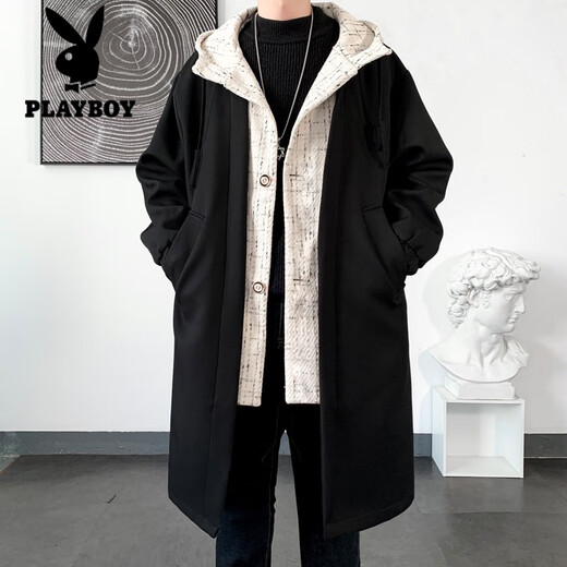 Playboy trench coat men's mid-length trendy loose summer thin Korean style fake two-piece hooded woolen coat black 2XL