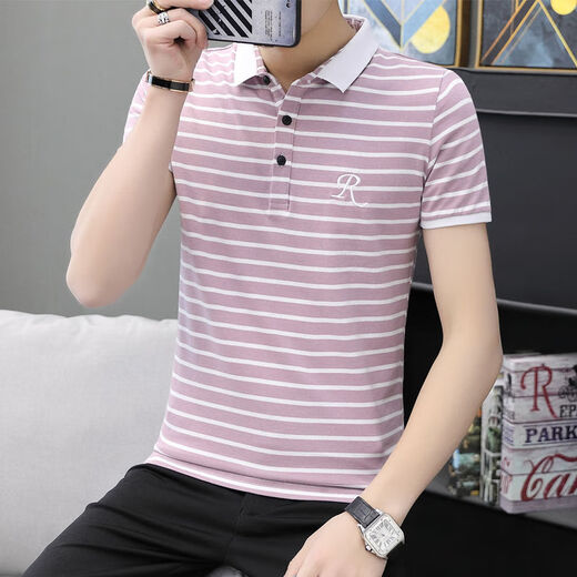 
NanYUQIU summer men's short-sleeved T-shirt striped Korean style trendy half-sleeved slim collared top clothes men's lapel 6636 brick red strips 2XL 135-150Jin [Jin equals 0.5 kg]
