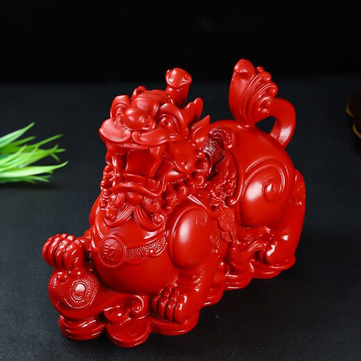 Natural cinnabar Pixiu ornaments to attract wealth and blessing Feng Shui decorations for living room and home office decoration crafts gifts Large size Pixiu male and female pairs about 17*7.5*14cm