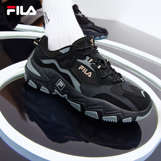 FILA official dad shoes for men and women, shock-absorbing running shoes, sports shoes, Predator 2 men's shoes, black/medium gray-BM 42
