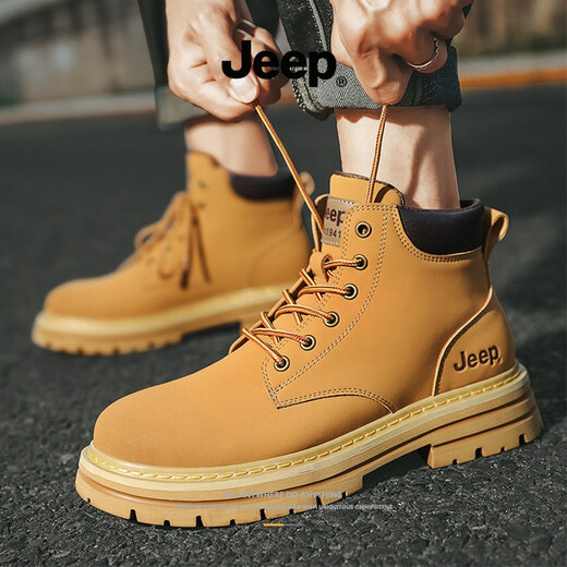 Jeep吉普鞋靴冬季2025新款马丁靴复古英伦风加绒工装靴加厚保暖大黄靴 金黄色 41