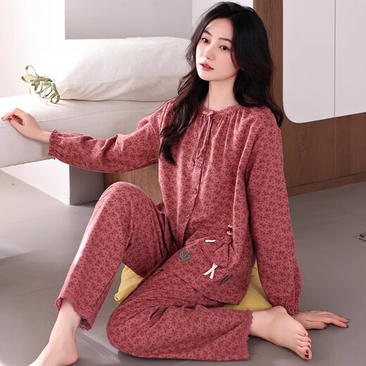 莫代尔睡衣女士春秋季秋款纯棉长袖妈妈秋天全棉中年大码开衫家居服套装 C1517鲸灰 3XL码(建议160-180斤)