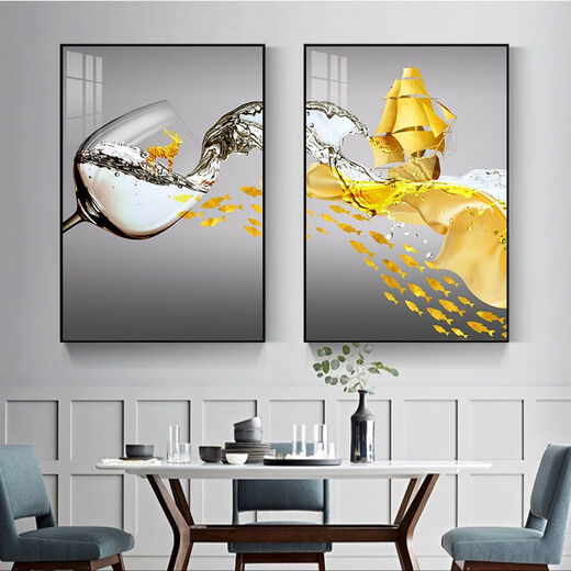 Lingtong Restaurant Decorative Painting Modern Simple Restaurant Dining Room Wall Hanging Painting High-end Light Luxury Abstract Background Wall Two-Link Mural 3 Golden Deer Nafu 40*60 Crystal Porcelain