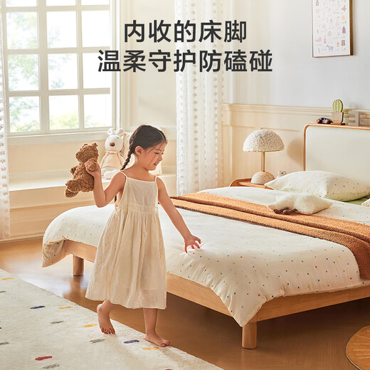 Jingjing Tokyo Made Home Cheese Solid Wood Children's Bed Set Modern Bedroom Soft Covered Bedside Small Apartment Bed + Mattress 1.5M
