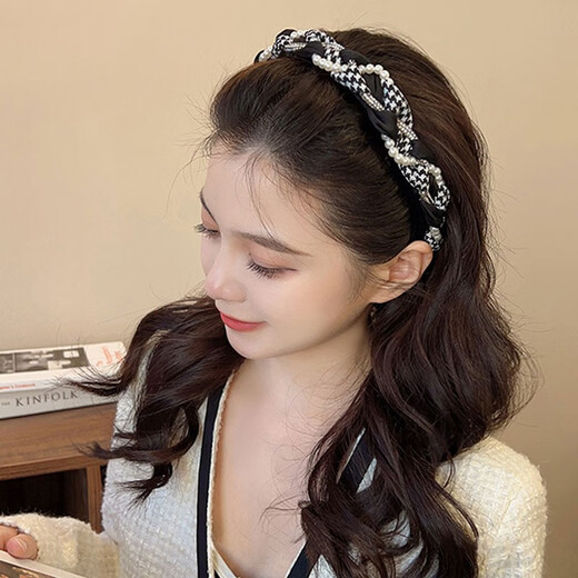 Idel's Houndstooth Imitation Pearl Hairpin Hairband Women's Spring and Summer Versatile Outing Headband 2025 New Temperament Headwear Hair Accessories Houndstooth Light Luxurious and High-Level Hairband F1386