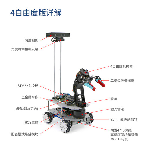WHEELTEC ROS机器人6自由度机械臂Moveit视觉抓取R550A树莓派麦轮履带无人小车激光雷达导航orin nano 【树莓派4B版】4自由度履带版