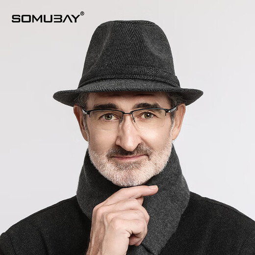 SOMUBAY上海滩礼帽男秋冬季卷边爵士帽高端中老年人爸爸爷爷老人绅士帽子 黑色条纹三件套（帽子+围巾+手套 M（头围57-58cm）
