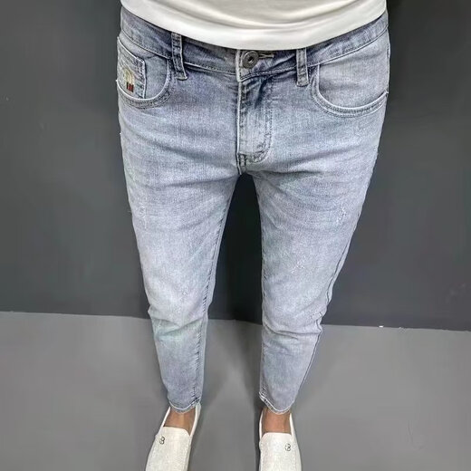 xcfreht潮流刺绣牛仔裤男韩版休闲弹力百搭修身小脚裤潮牌高端浅色九分裤 亿牛9930蓝色加绒加厚 30