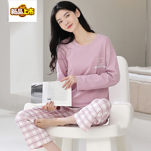 MIDNITE STAR pure cotton pajamas for women spring and autumn long sleeves internet celebrity round neck autumn sweet home clothes cotton set YSH-long sleeves set #1289 M double-sided pure cotton/suggested 80-100Jin [Jin equals 0.5 kg]