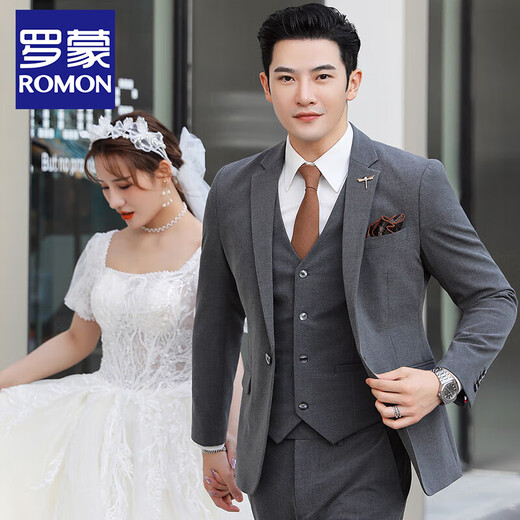 ROMON groom wedding suit men's suit dress British suit three-piece suit Korean version slim business casual professional formal suit TZ850 dark gray one-button suit + trousers + vest XL recommended 125-135 Jin Jin equals 0.5 kg