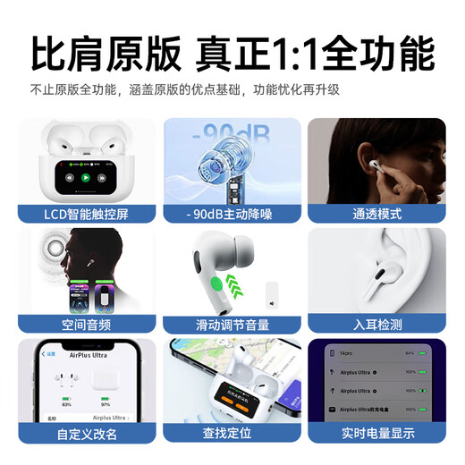 Microkia [Huaqiangbei Pro6 Top-End Version Ultra] Apple Bluetooth-гарнитура беспроводной с экраном Air Active Superment Crement, подходящим для iPhone15/14/13/12 вкладыша iOS пятого поколения. Оригинальное полное обновление функции [Новое в июле] Smart Touch Screen + Space Audio Centroly + позиционирование и переименование