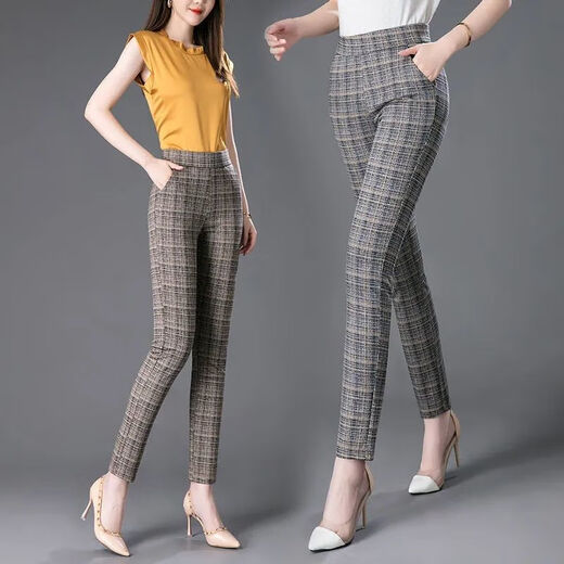 Langwei Ferri Plaidhose für Frauen Frühling und Herbst Neue Frauen mittleren Alters mittleren Alters und elastischer schlanker Graugitter [Elastische Taille] 983# Fleece L [105jin [Jin entspricht 0,5 kg] ~ 115jin [Jin entspricht 0,5 kg]]