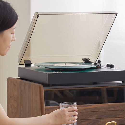 Ask and add WHATPLUS From1900 vinyl record player retro Bluetooth audio integrated record player birthday gift high-end gramophone audio living room film record player glue deep black + K1 set