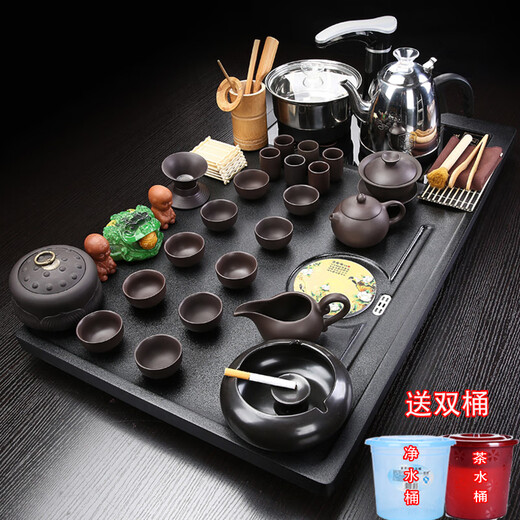 Empty cicada purple sand kung fu tea set home set living room fully automatic water boiling kettle tea tray tea table simple teapot tea cup 02 horse pan Tang poetry tea set automatic black